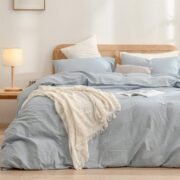 Cotton Solid Duvet Cover Set Linen Feel Cornflower Blue Queen