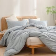 Cotton Solid Duvet Cover Set Linen Feel Cornflower Blue Queen - Image 4
