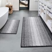 Bathroom Rugs Sets 2 Piece, Non Slip Striped Bath Mats, Black