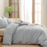Cotton Solid Duvet Cover Set Linen Feel Cornflower Blue Queen - Image 3