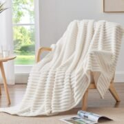 Ribbed Fleece Throw Blanket for Couch, Cream, 50"x60" - Image 2