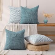 Throw Pillow Covers 18x18 Set of 4, Blue Patterned & Solid Covers - Image 6