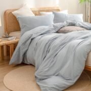 Cotton Solid Duvet Cover Set Linen Feel Cornflower Blue Queen - Image 5